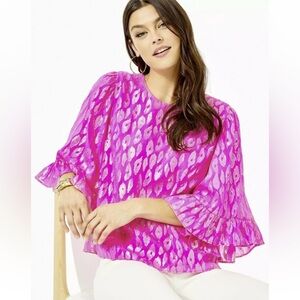 Lilly Pulitzer Francis Gold Pink Metallic Flounce Sleeve Silk Top Small
